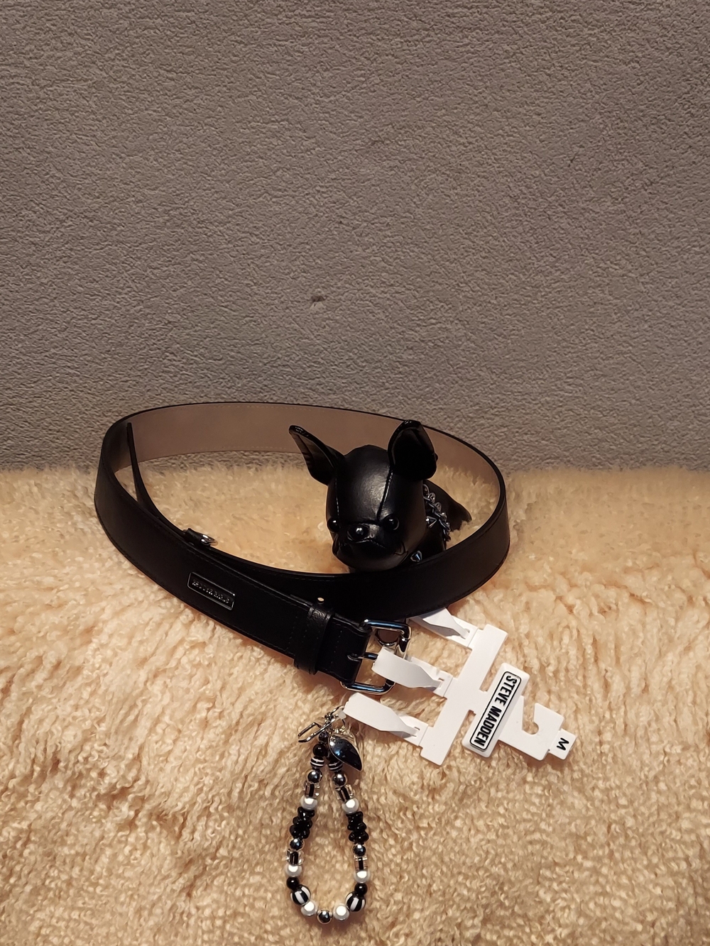 Steve Madden Black Faux Leather Belt with Beaded Charm Accent